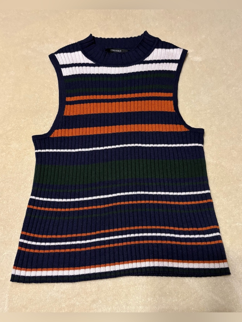 Forever 21 Navy Ribbed Tank with Orange, Green & White Stripes